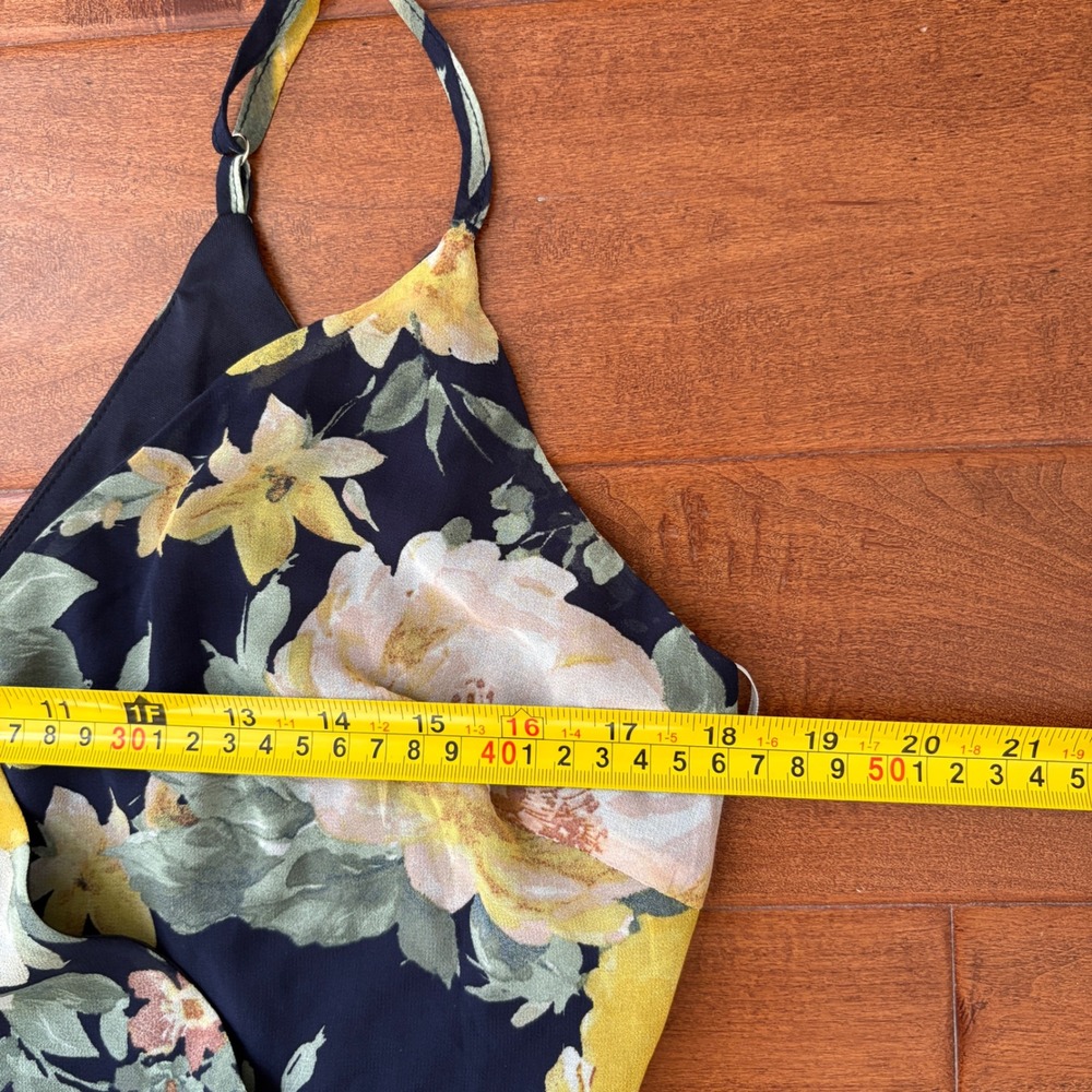 Lulus Floral High-Low Midi Dress Surplice Ruffle, Womens Large Navy Blue - Picture 10 of 11
